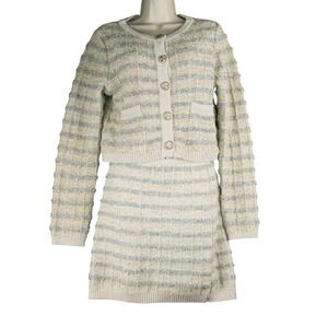 Happily Grey Womens L Striped Knit Skirt Set Cream Blue Button Cardigan Preppy
